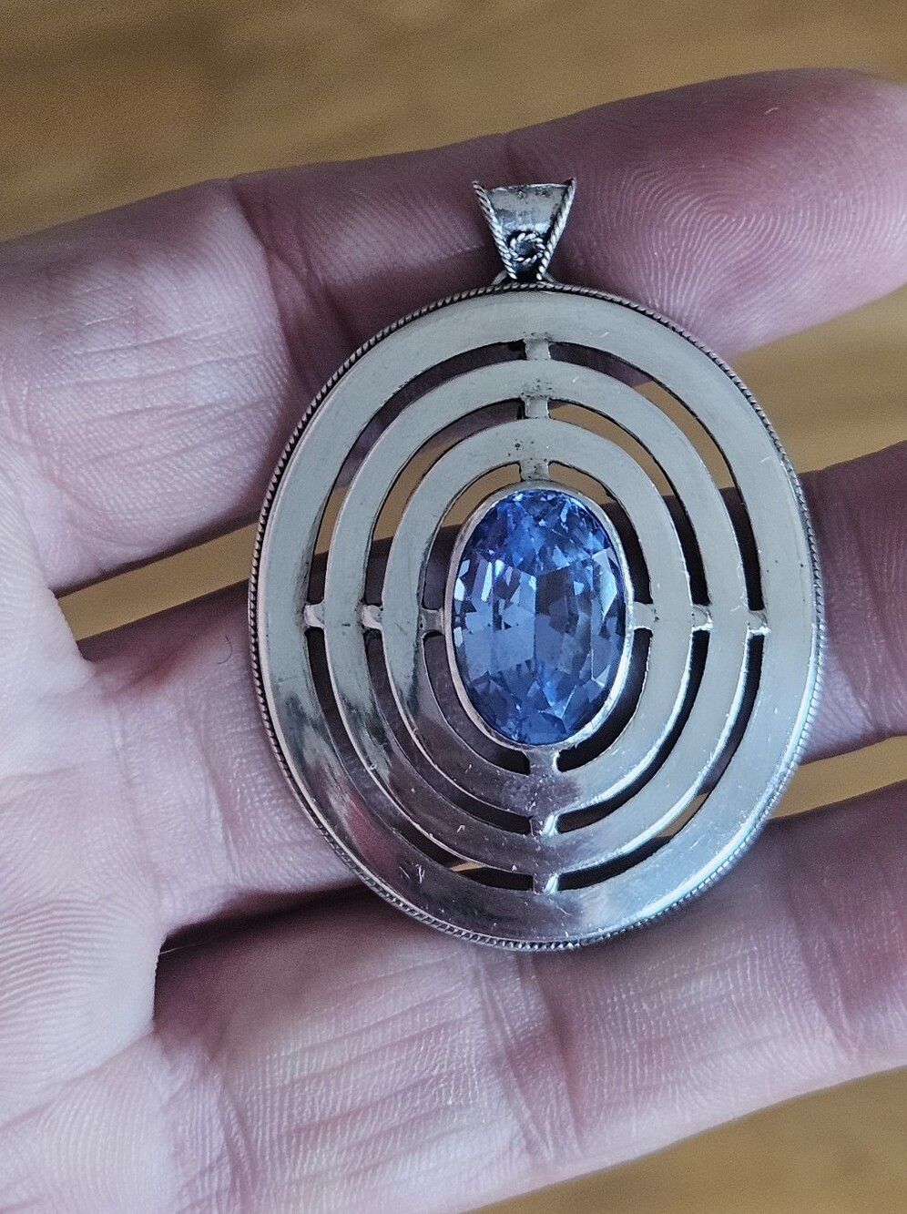 Antique Edwardian 8ct Deep Blue Natural Topaz Sterling Silver Oval Pendant 2"